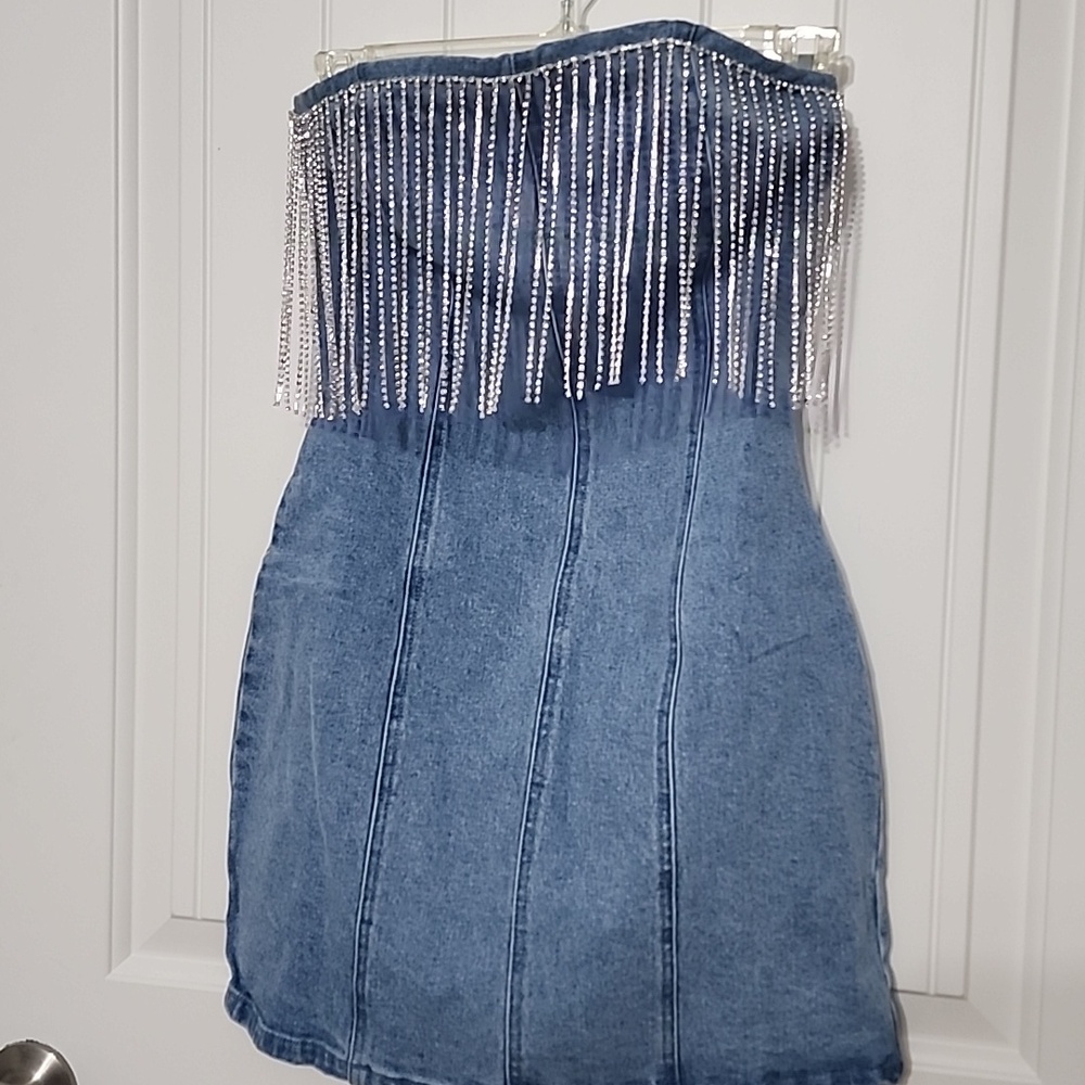 Rylie Denim Strapless Fringe Mini Dress - Picture 11 of 12